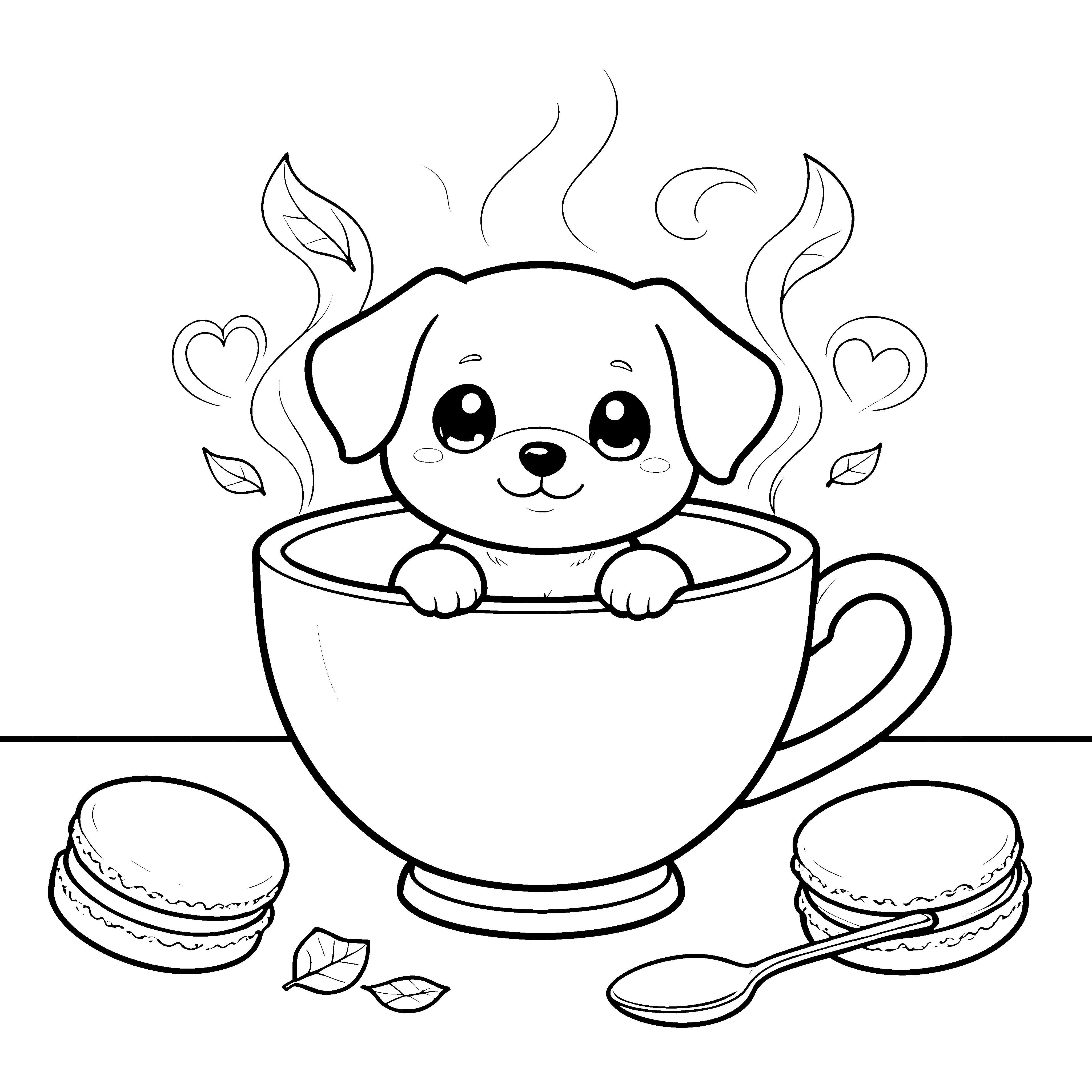 Gemütlicher Kawaii-Hund in Tasse Ausmalbild für verträumte Naschkatzen