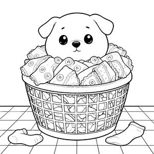 Kuscheliger Kawaii-Hund im Wäschekorb Malvorlage für Tüftler