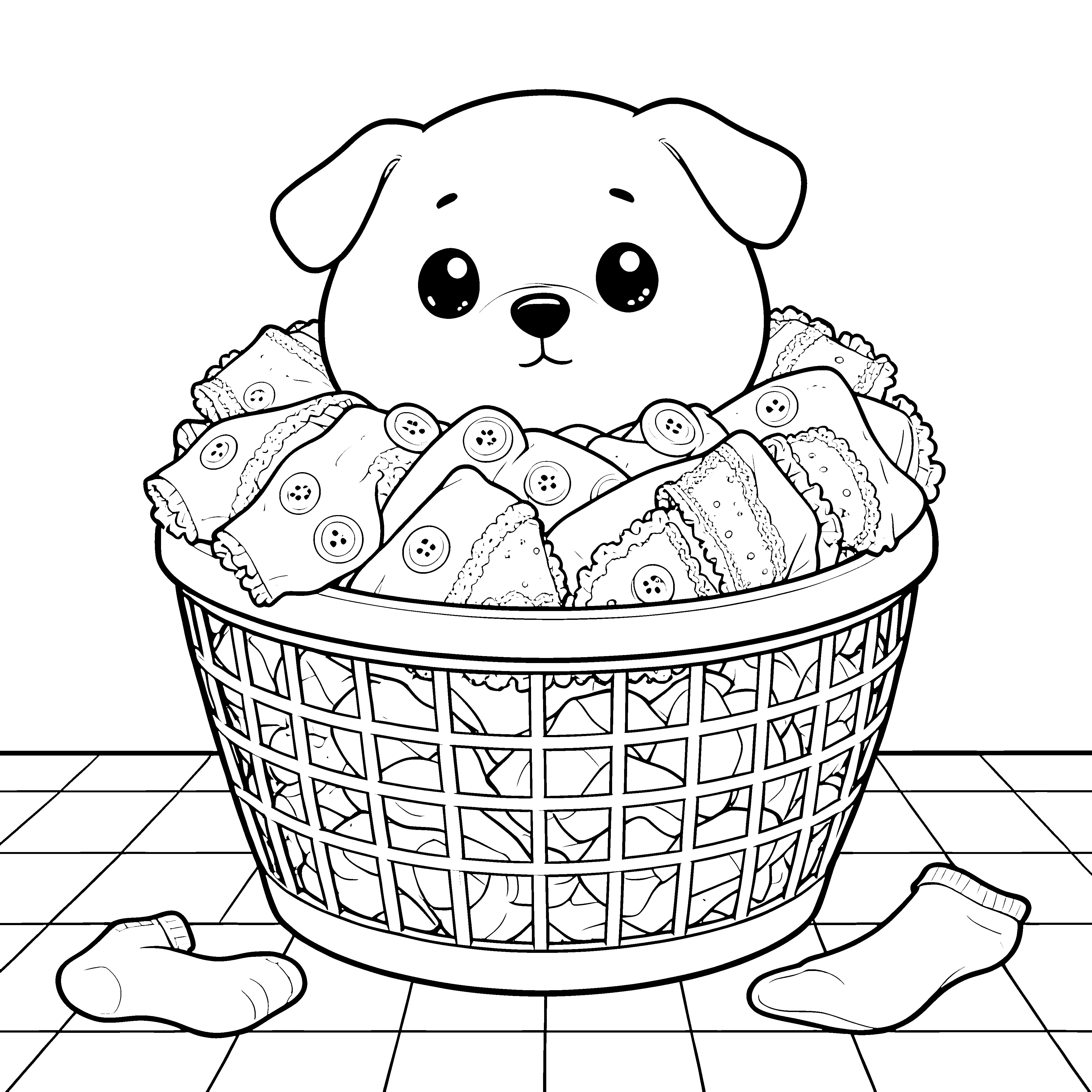 Kuscheliger Kawaii-Hund im Wäschekorb Malvorlage für Tüftler