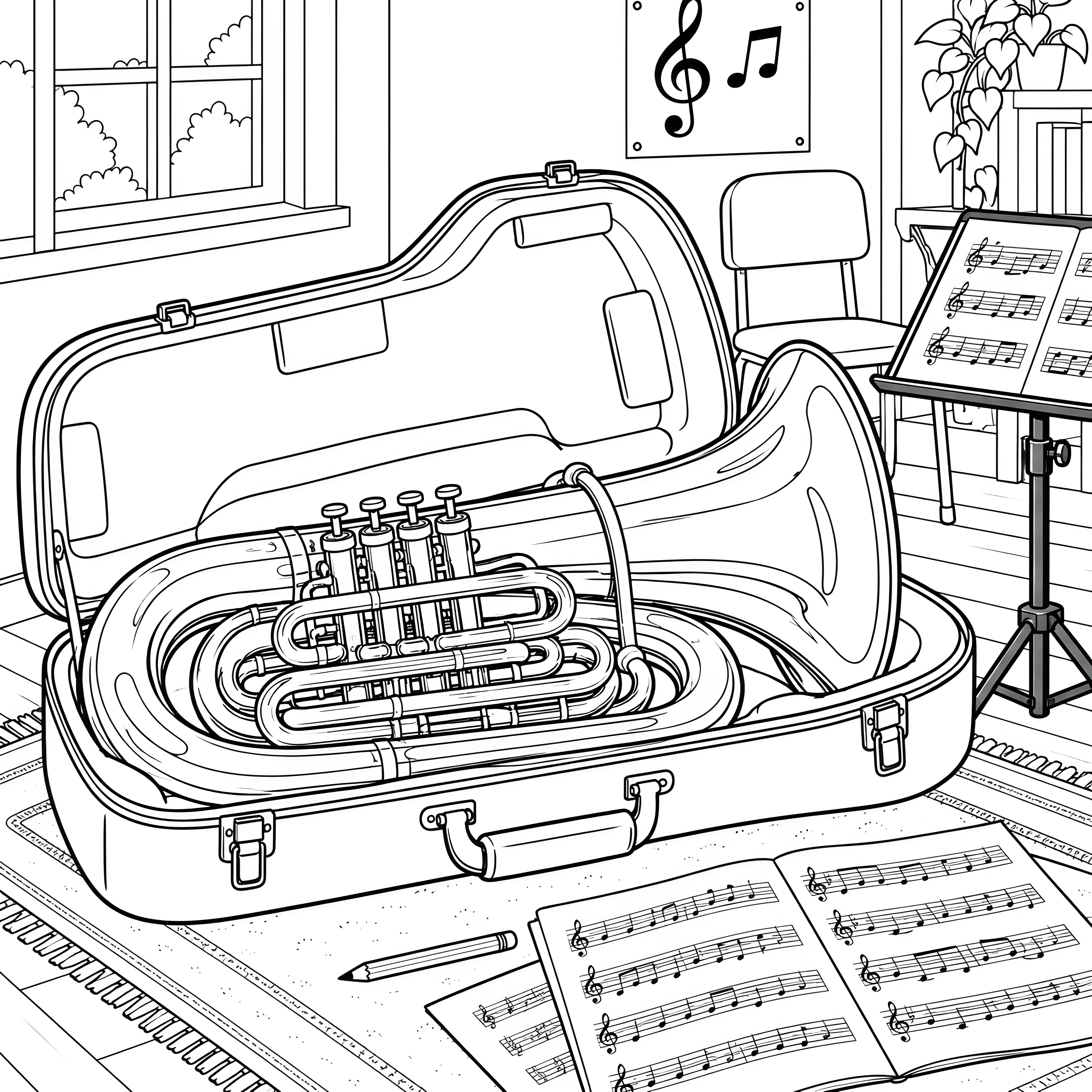 Große Tuba im Koffer Malbild für kleine Musikfreunde