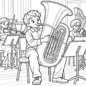 Begeisterter Junge mit Tuba im Orchester Ausmalvorlage für Hobbyköche