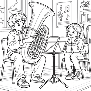 Begeisterter Junge mit Tuba Ausmalvorlage für malfreudige Musikfans