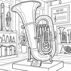 Imposante Tuba im Musikgeschäft Ausmalvorlage für verträumte Weltenbummler
