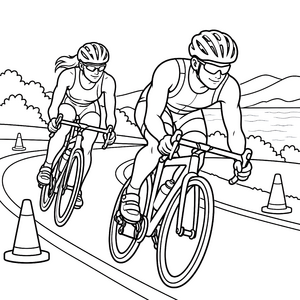 Konzentrierte Triathleten mit Rennrädern Malvorlage für kleine Sportfans