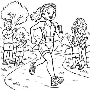 Fröhliche Triathletin mit Startnummer Malbild für fröhliche Spürnasen