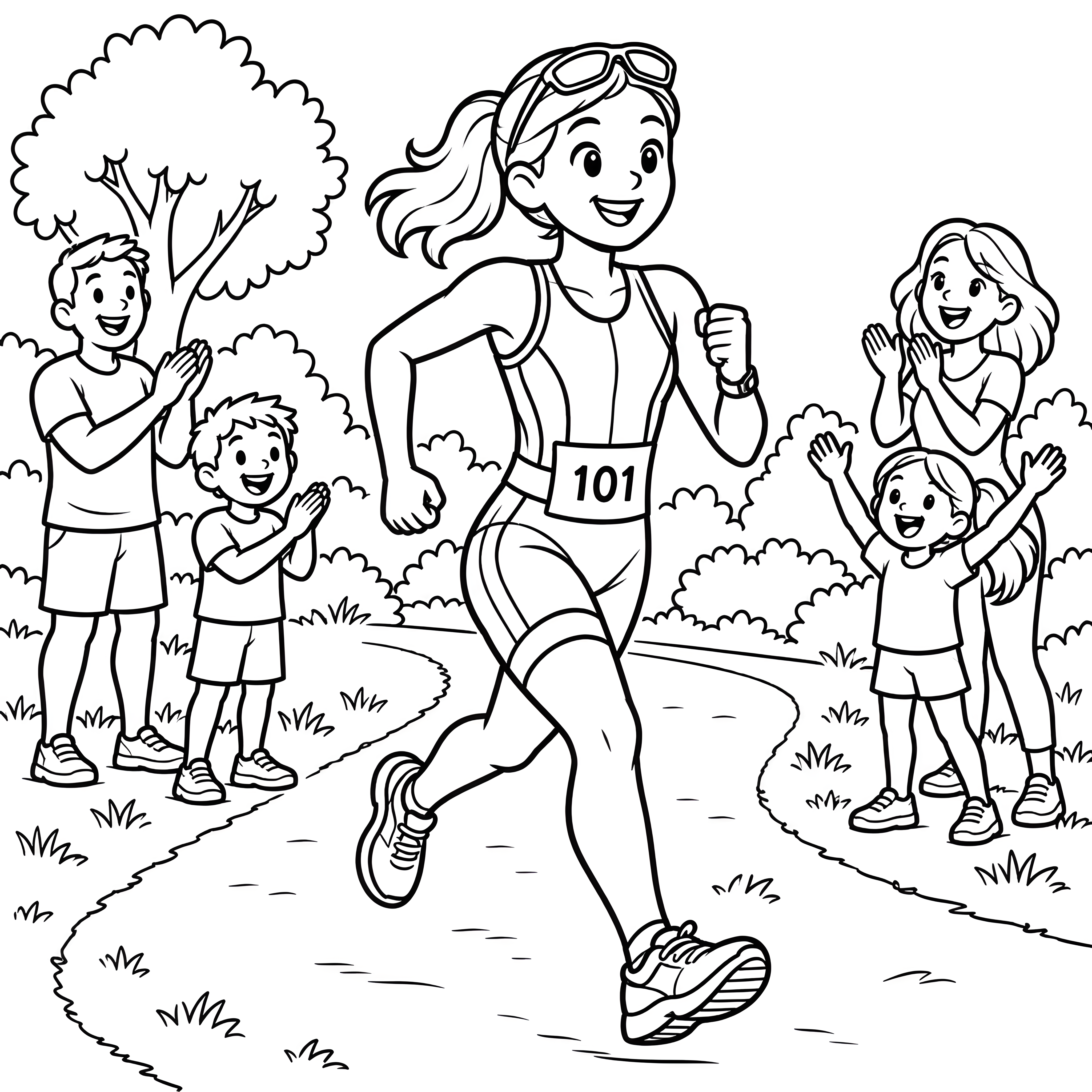 Fröhliche Triathletin mit Startnummer Malbild für fröhliche Spürnasen