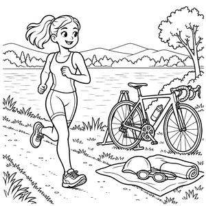 Fröhliche Triathlonläuferin am See Malbild für neugierige Sportfreunde