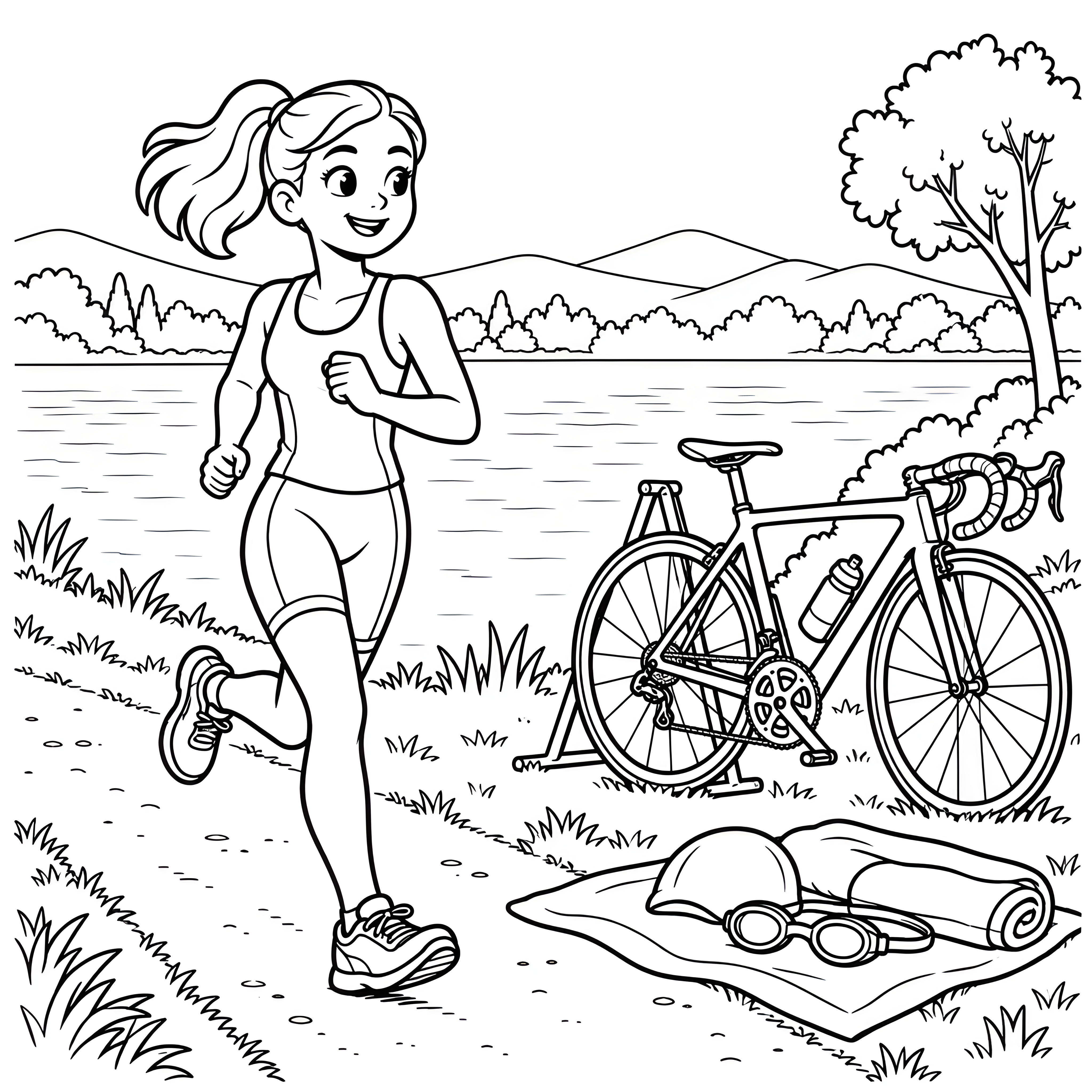 Fröhliche Triathlonläuferin am See Malbild für neugierige Sportfreunde