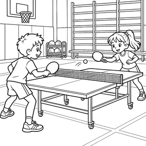Fröhliche Kinder beim Tischtennis Ausmalbild für neugierige Sportfreunde