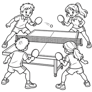 Dynamisches Doppelspiel am Tischtennisnetz Malbild für kreative Bewegungstollen