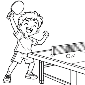 Fröhlicher Junge mit Tischtennisplatte Malbild für kreative Sportbegeisterte