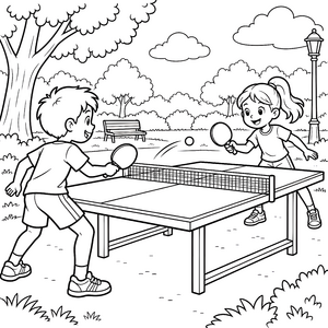 Aktive Kinder beim Tischtennis Ausmalvorlage für fröhliche Sportbegeisterte