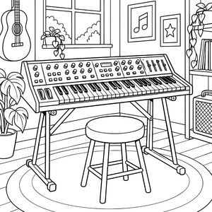 Großer Synthesizer mit Hocker Malbild für verträumte Tonzauberer