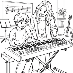 Freundliche Lehrerin am Synthesizer Ausmalvorlage für verträumte Musikschüler