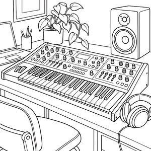 Moderner Synthesizer mit Lautsprecher Malbild für junge Klangschönheiten