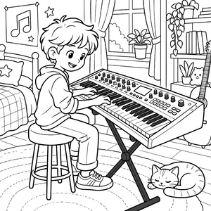 Fröhlicher Junge am Synthesizer Malvorlage für fröhliche Tüftler