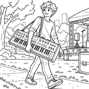 Lächelnder Junge mit tragbarem Synthesizer Ausmalbild für malfreudige Musikgenießer