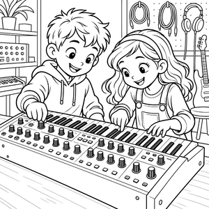 Begeisterte Kinder am Synthesizer Ausmalvorlage für junge Musikfreunde