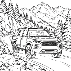 Mächtiger SUV vor hohen Bergen Malvorlage für Abenteurer