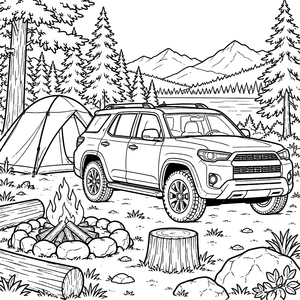 Stolzer SUV am Lagerfeuer Ausmalbild für Weltenbummler