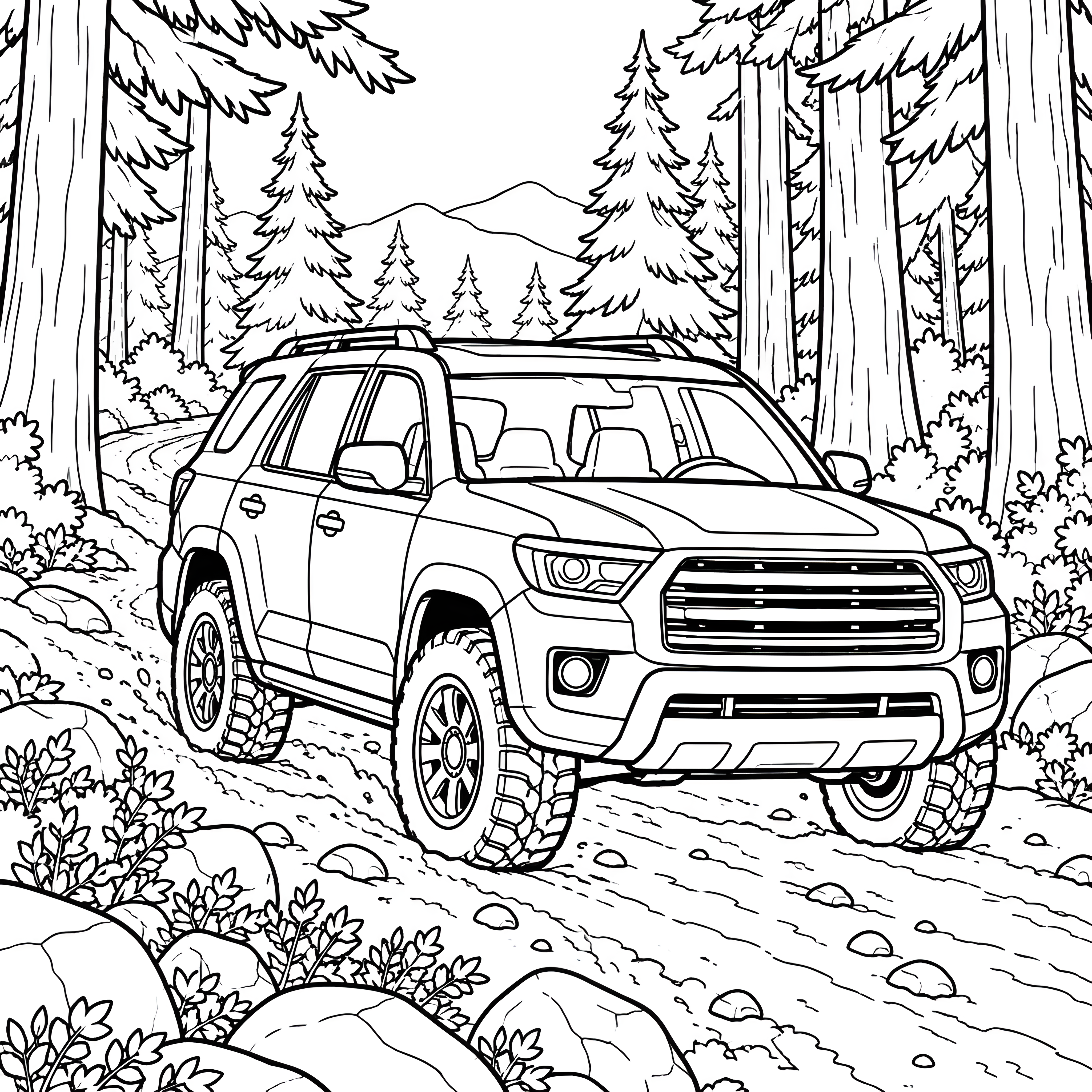 Robuster SUV im Wald Ausmalvorlage für Naturfreunde