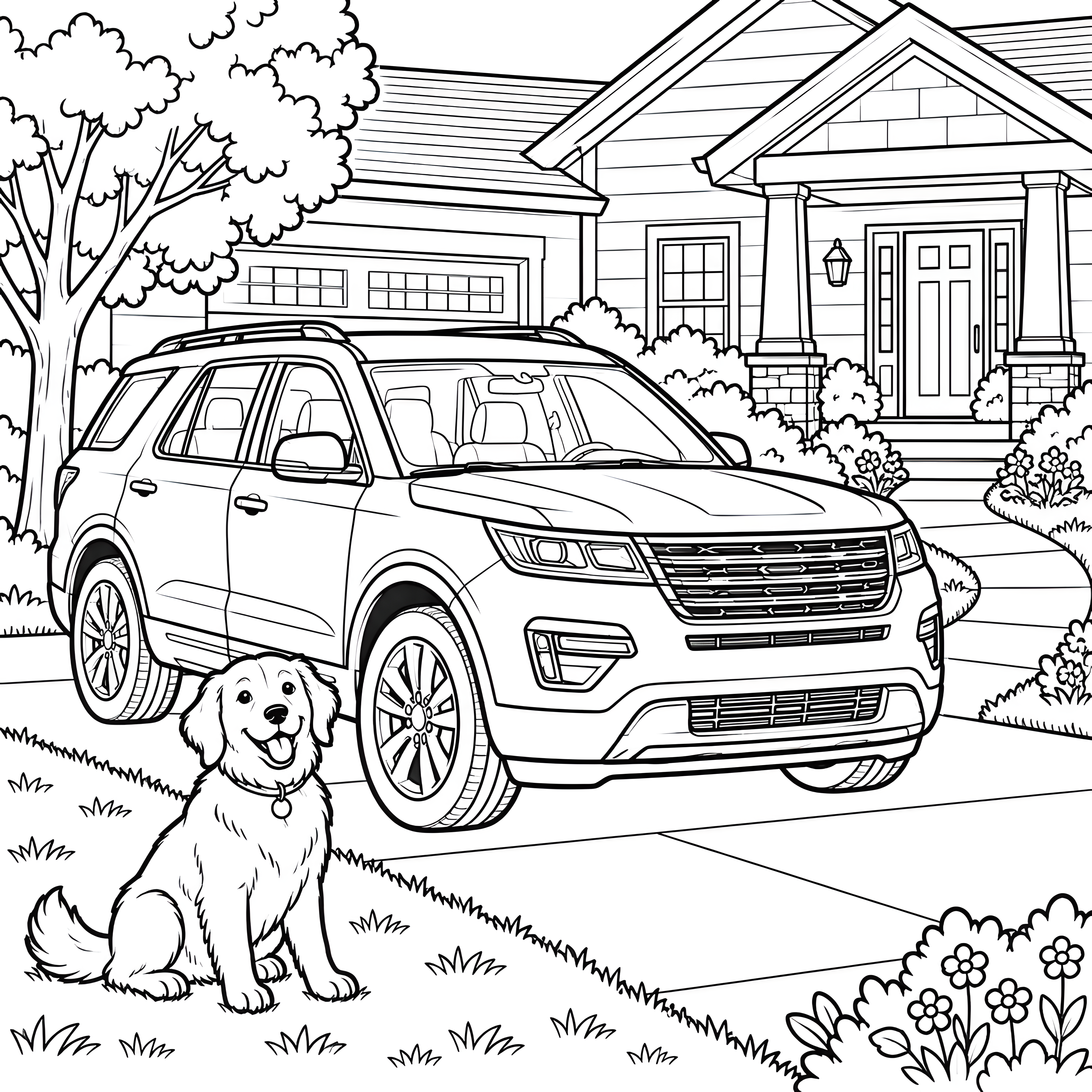 Freundlicher SUV mit Hund vor dem Haus Ausmalvorlage für Autofans