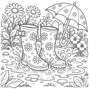 Verspielte Gummistiefel mit Blumen unter einem Schirm Malbild für mutige Spürnasen