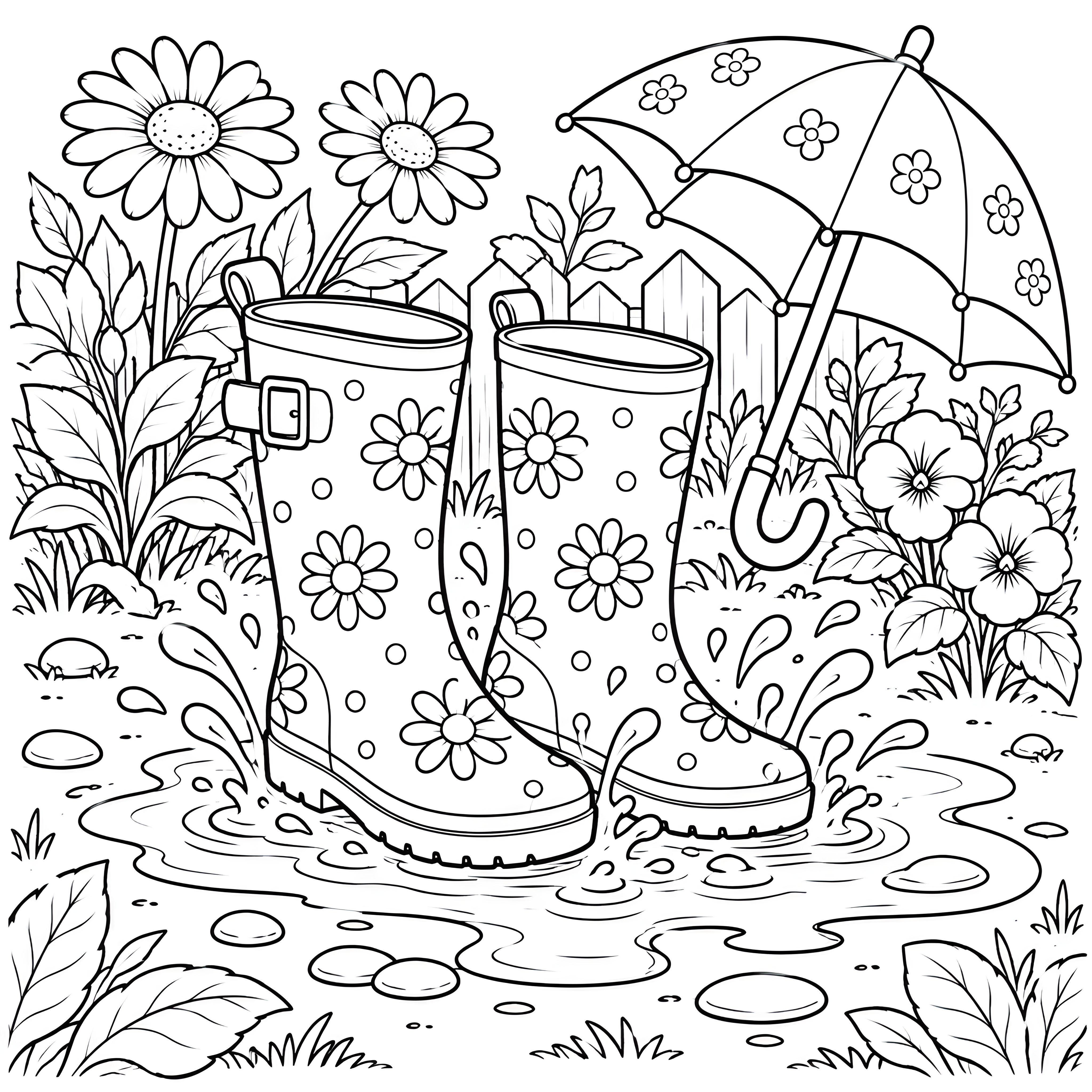 Verspielte Gummistiefel mit Blumen unter einem Schirm Malbild für mutige Spürnasen