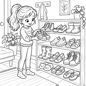 Fröhliche Schuhe im Regal Ausmalvorlage für verträumte Bastler