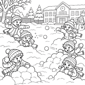 Fröhliche Schneeballschlacht vor der Schule Ausmalbild für kreative Schneeflocken