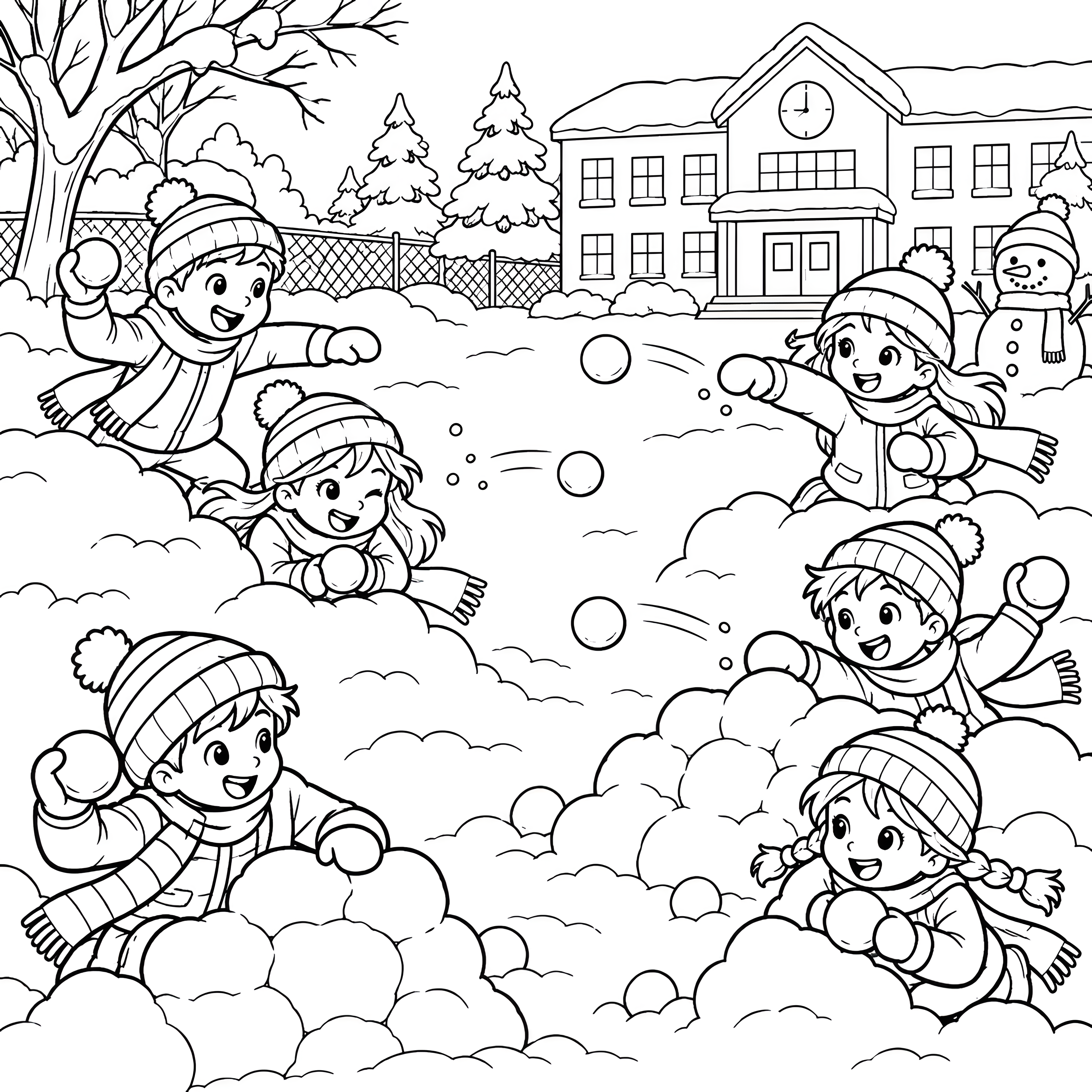 Fröhliche Schneeballschlacht vor der Schule Ausmalbild für kreative Schneeflocken