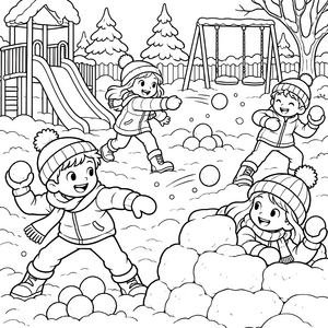 Lebhafte Schneeballschlacht auf dem Spielplatz Ausmalvorlage für neugierige Spürnasen