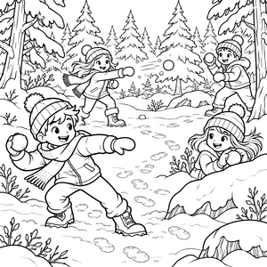 Heiterer Schneeballschlacht im Wald Ausmalvorlage für Frostbegeisterte