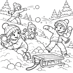 Verspielte Schneeballschlacht mit Schlitten Ausmalbild für verträumte Abenteurer
