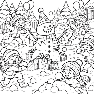 Heiterer Schneemann mit Geschenken Ausmalbild für junge Winterfreunde