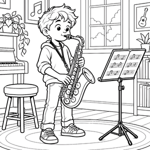 Konzentrierter Junge am Notenständer Ausmalbild für fröhliche Musikgenießer