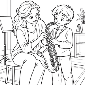 Geduldige Lehrerin mit Saxophon Ausmalbild für Musikfreunde