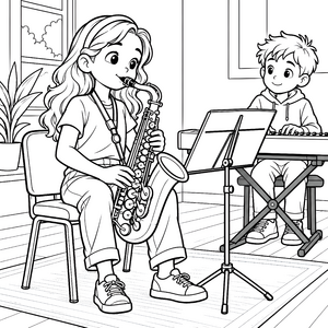 Konzentrierte Musikerin mit Saxophon Ausmalvorlage für junge Künstler