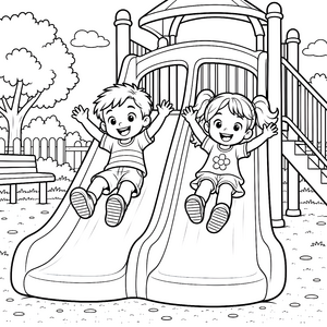 Fröhliche Kinder auf Doppelrutschen Malvorlage für kleine Spielkameraden