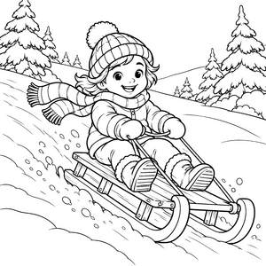 Fröhliches Kind auf Holzrodel Ausmalvorlage für neugierige Schneegaukler