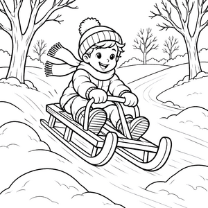 Fröhlicher Junge auf dem Schlitten Malbild für kreative Schneegaukler
