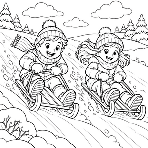 Fröhliche Kinder auf Schlitten Ausmalbild für Schneegaukler