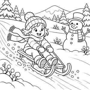 Lächelnde Rodlerin mit Schneemann Malvorlage für verträumte Naturfreunde