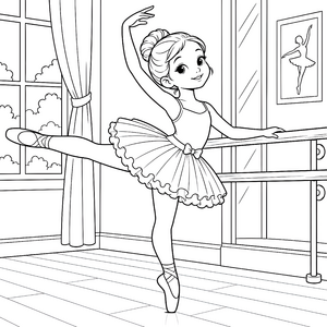 Anmutige Ballerina am Ballettstab Ausmalvorlage für kleine Sternengucker