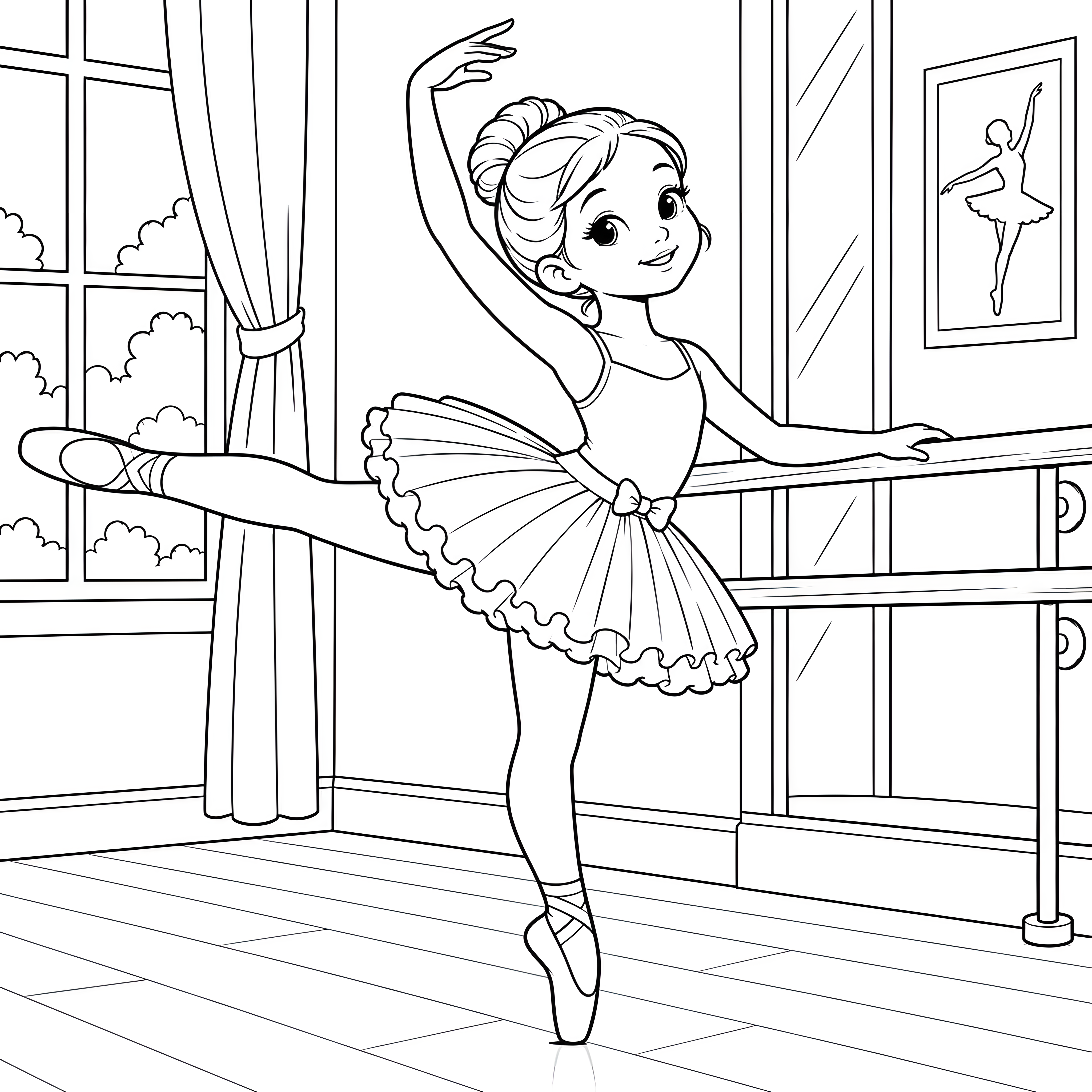 Anmutige Ballerina am Ballettstab Ausmalvorlage für kleine Sternengucker