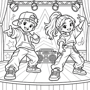 Energetische HipHop-Tänzer auf der Bühne Malbild für mutige Musikfreunde