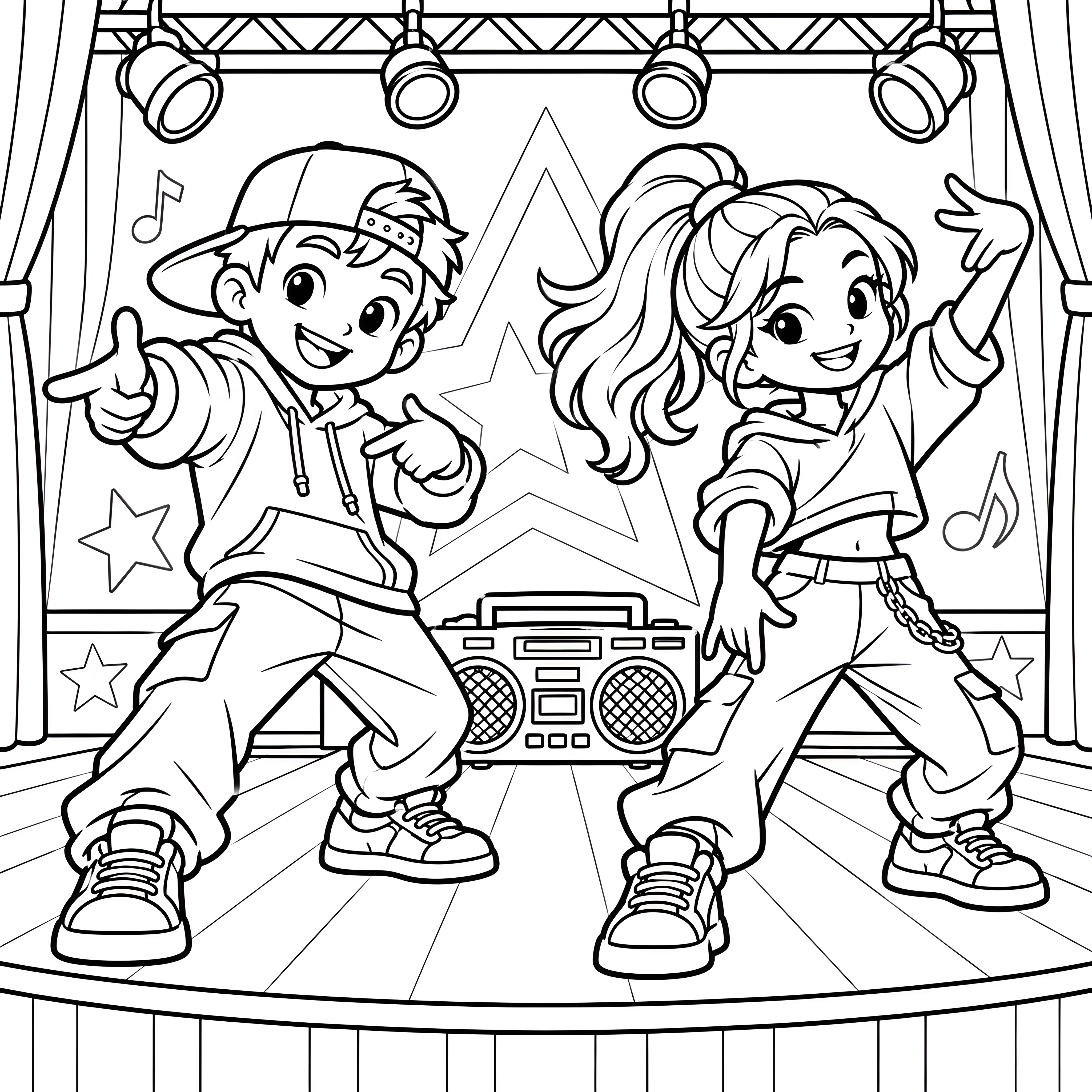 Energetische HipHop-Tänzer auf der Bühne Malbild für mutige Musikfreunde