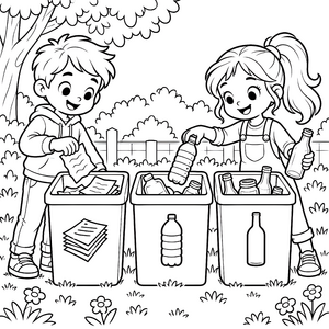 Eifrige Kinder beim Mülltrennen Malbild für Naturfreunde