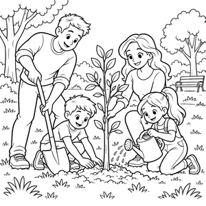 Eifrige Familie beim Baumpflanzen Malbild für malfreudige Hobbygärtner