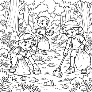 Eifrige Kinder im Wald Müll sammeln Malvorlage für Spürnasen